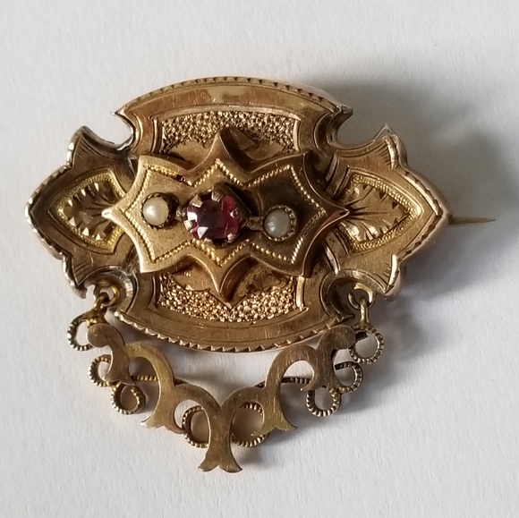 Antique 14k gold brooch solid 1800s Victorian pin yellow engraved - Picture 5 of 12